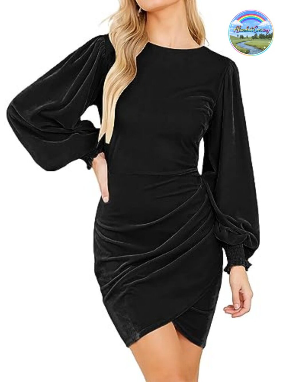 Long Sleeve Velvet Cocktail Mini Dress Puff Sleeve Ruched Bodycon Party